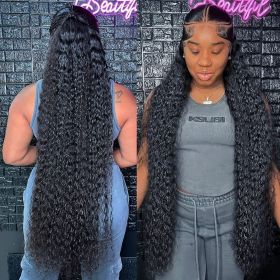 13x6 Deep Wave HD Lace Frontal Wig Human Hair Wave Water Human Hair wigs Curly 13x4 360 Lace Frontal Wigs For Black Women (Stretched Length, Density: 34inches, 150%, Color: 13x6 Hd lace wig)